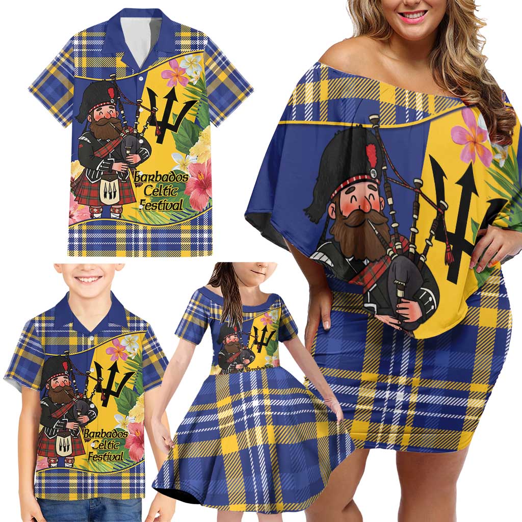 Barbados Celtic 2025 Festival Family Matching Off Shoulder Short Dress and Hawaiian Shirt Scottish Man With Bagpipes