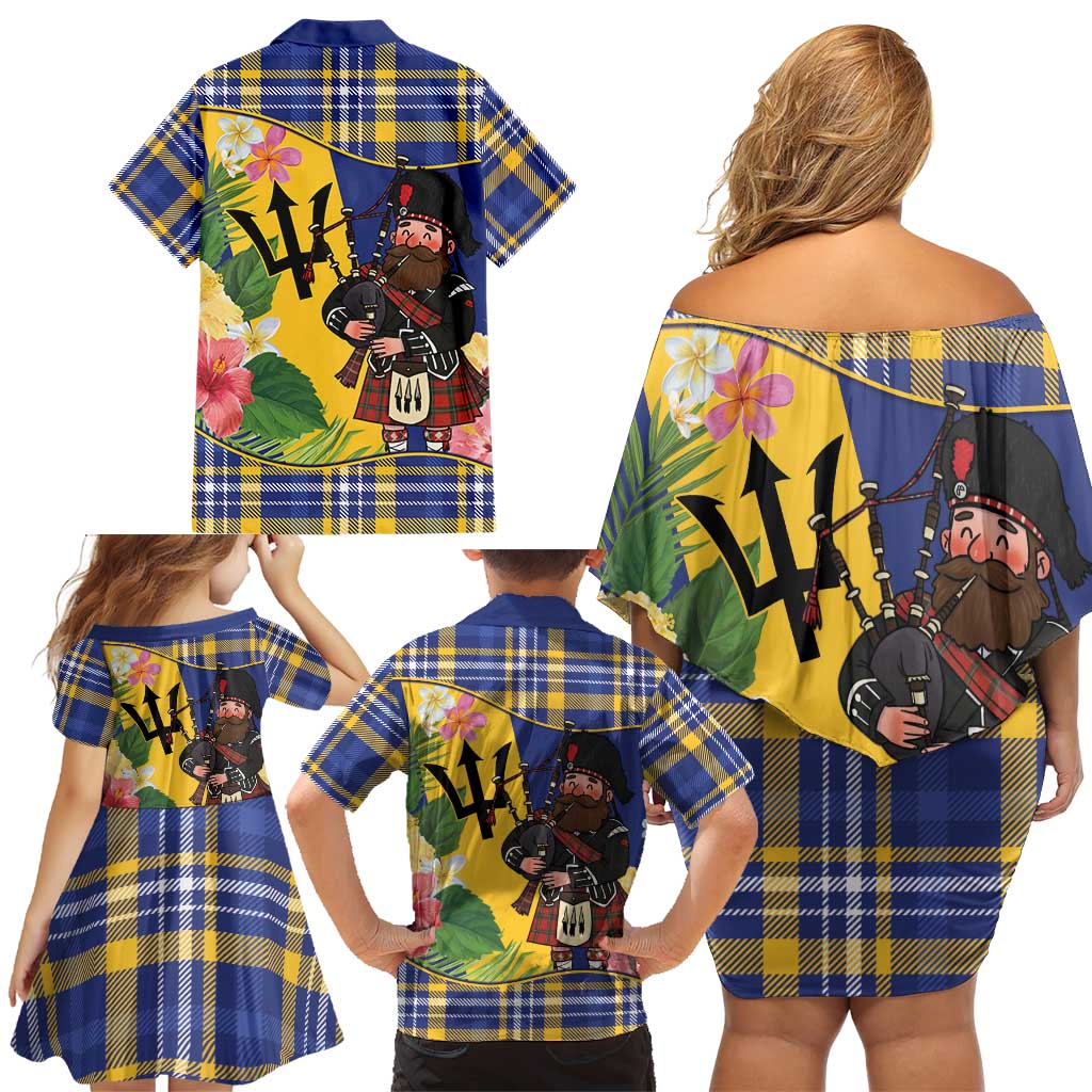 Barbados Celtic 2025 Festival Family Matching Off Shoulder Short Dress and Hawaiian Shirt Scottish Man With Bagpipes