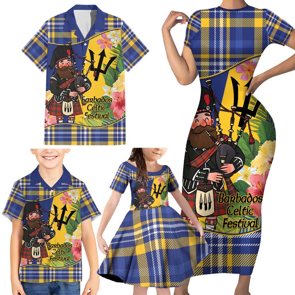 Barbados Celtic 2025 Festival Family Matching Short Sleeve Bodycon Dress and Hawaiian Shirt Scottish Man With Bagpipes