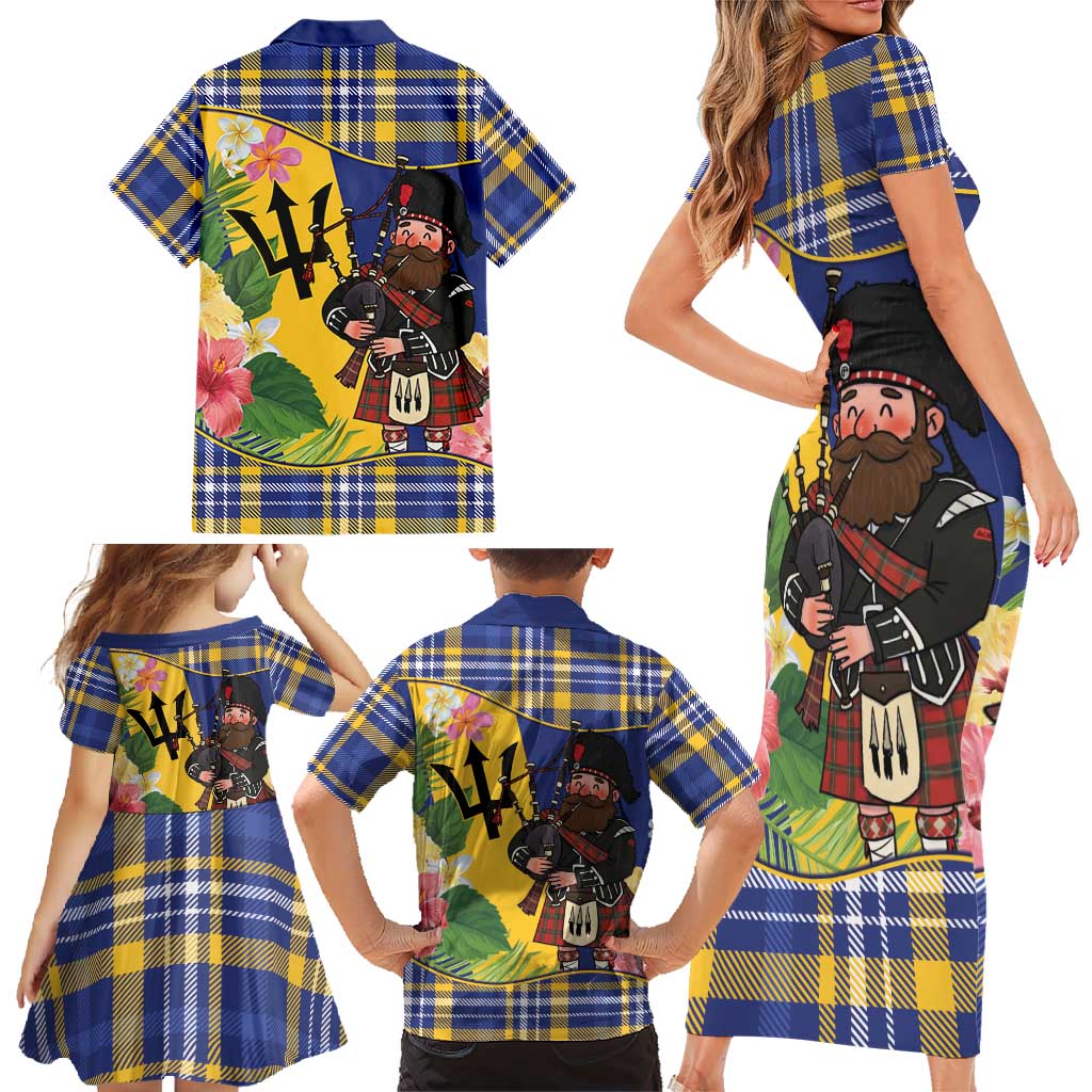 Barbados Celtic 2025 Festival Family Matching Short Sleeve Bodycon Dress and Hawaiian Shirt Scottish Man With Bagpipes