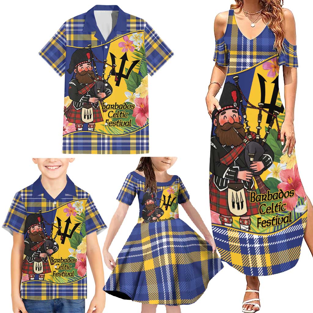 Barbados Celtic 2025 Festival Family Matching Summer Maxi Dress and Hawaiian Shirt Scottish Man With Bagpipes