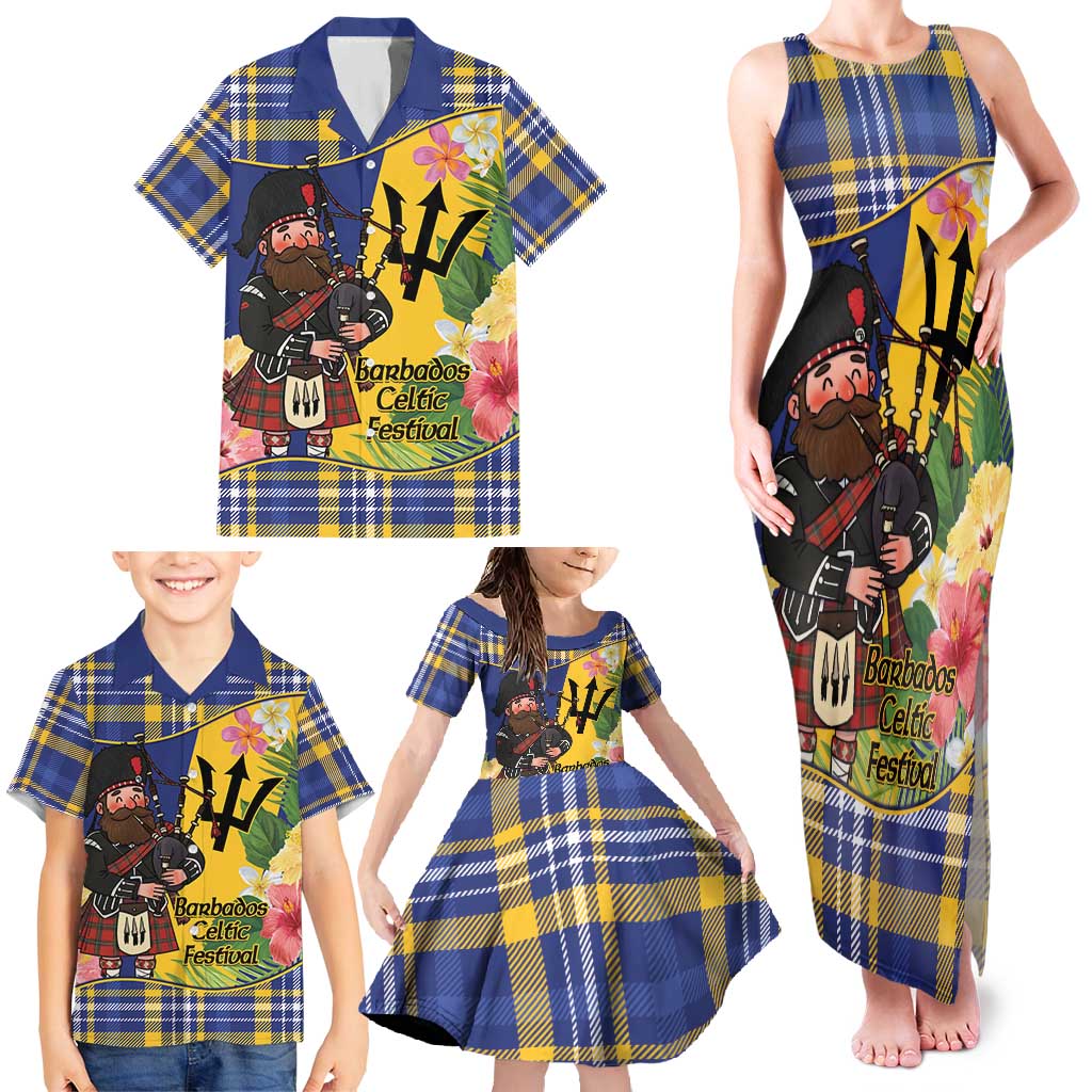 Barbados Celtic 2025 Festival Family Matching Tank Maxi Dress and Hawaiian Shirt Scottish Man With Bagpipes