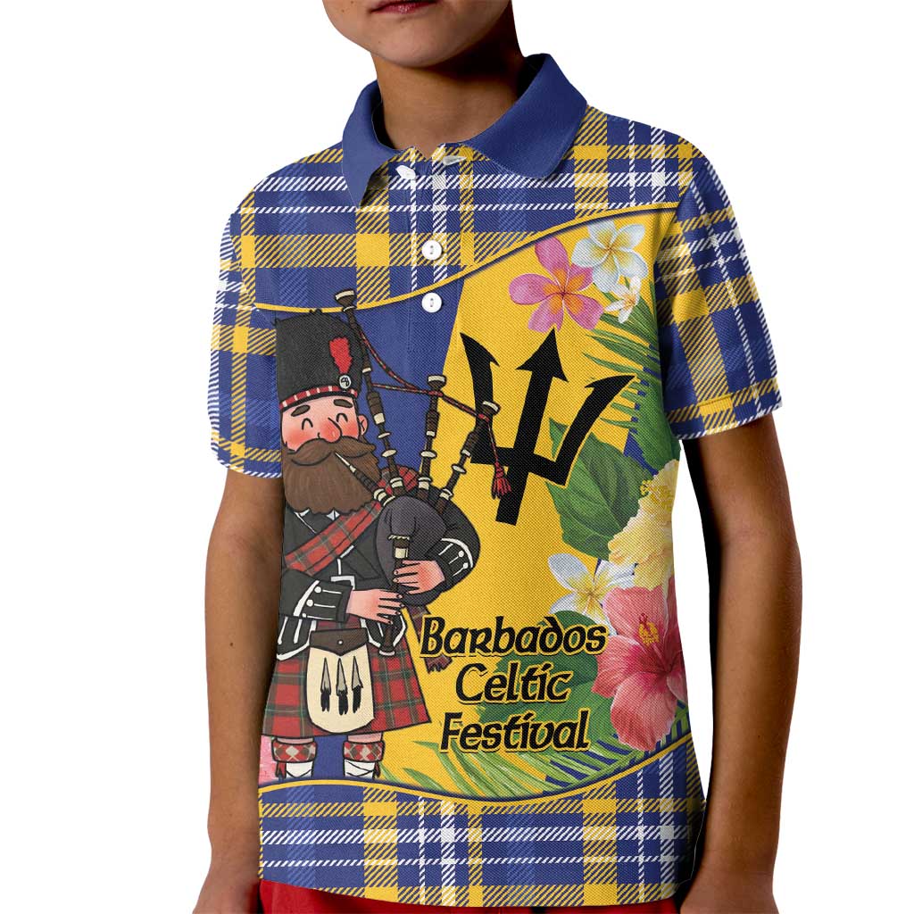 Barbados Celtic 2025 Festival Kid Polo Shirt Scottish Man With Bagpipes