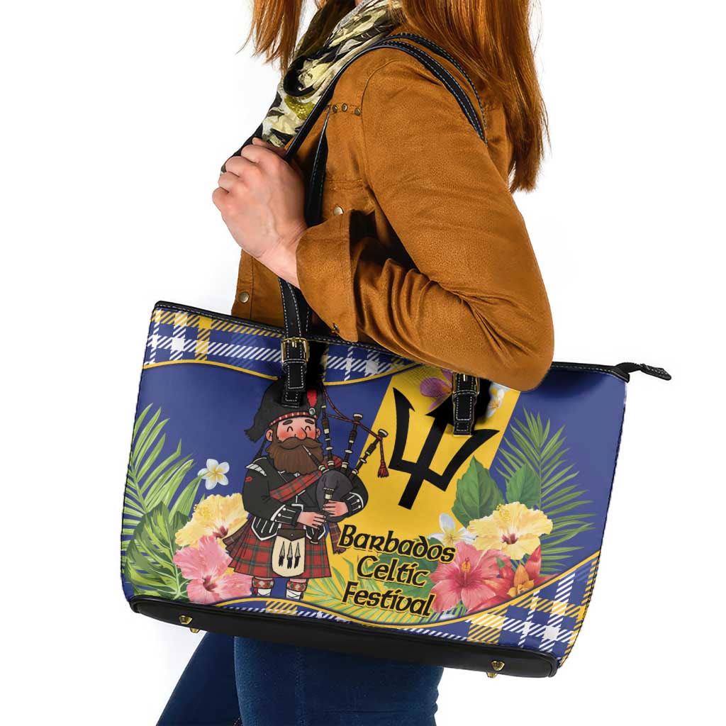 Barbados Celtic 2025 Festival Leather Tote Bag Scottish Man With Bagpipes