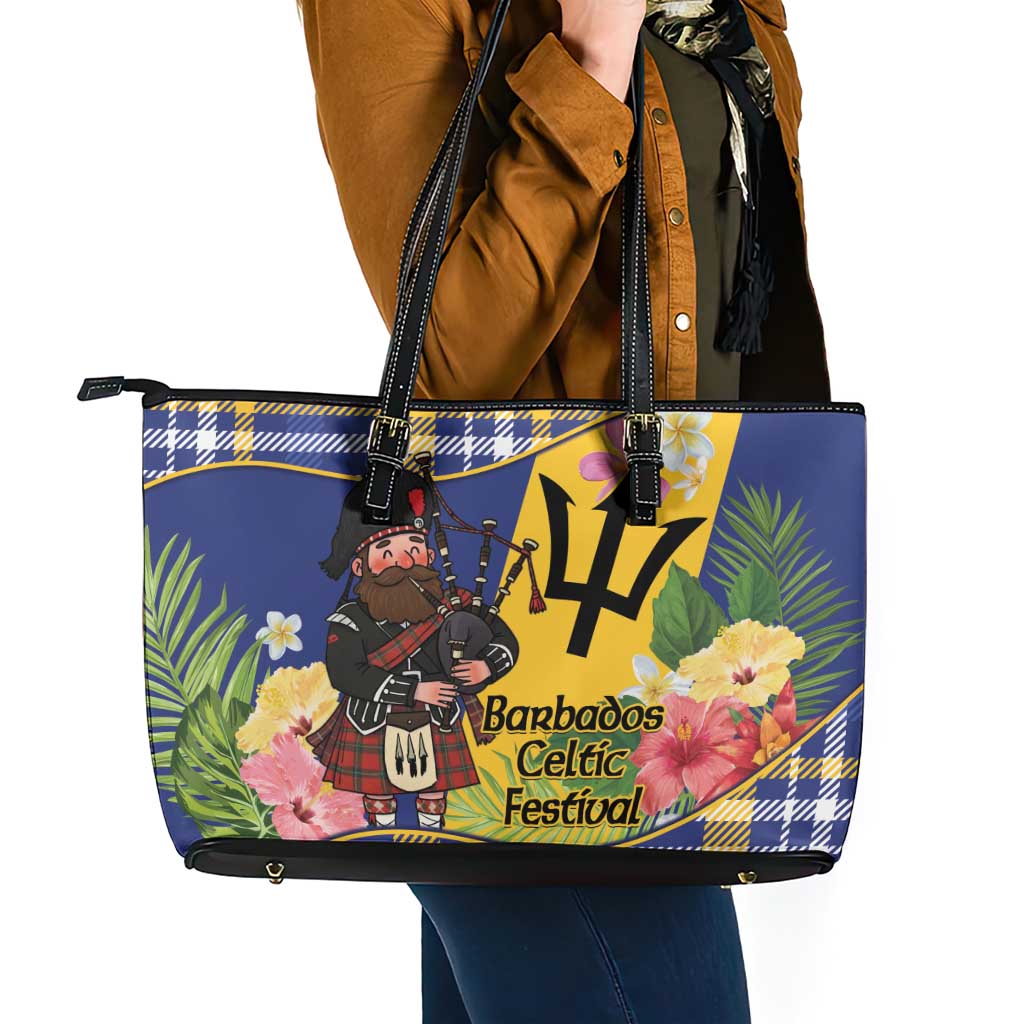 Barbados Celtic 2025 Festival Leather Tote Bag Scottish Man With Bagpipes