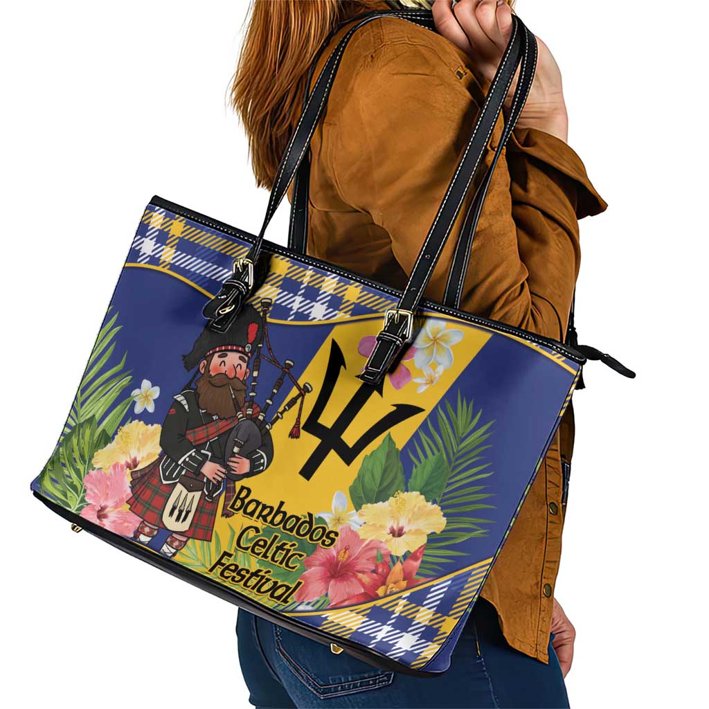 Barbados Celtic 2025 Festival Leather Tote Bag Scottish Man With Bagpipes