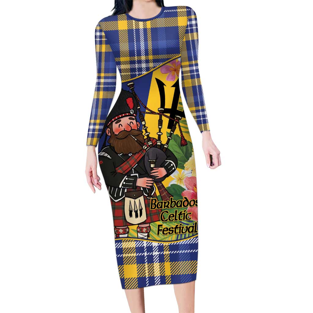 Barbados Celtic 2025 Festival Long Sleeve Bodycon Dress Scottish Man With Bagpipes