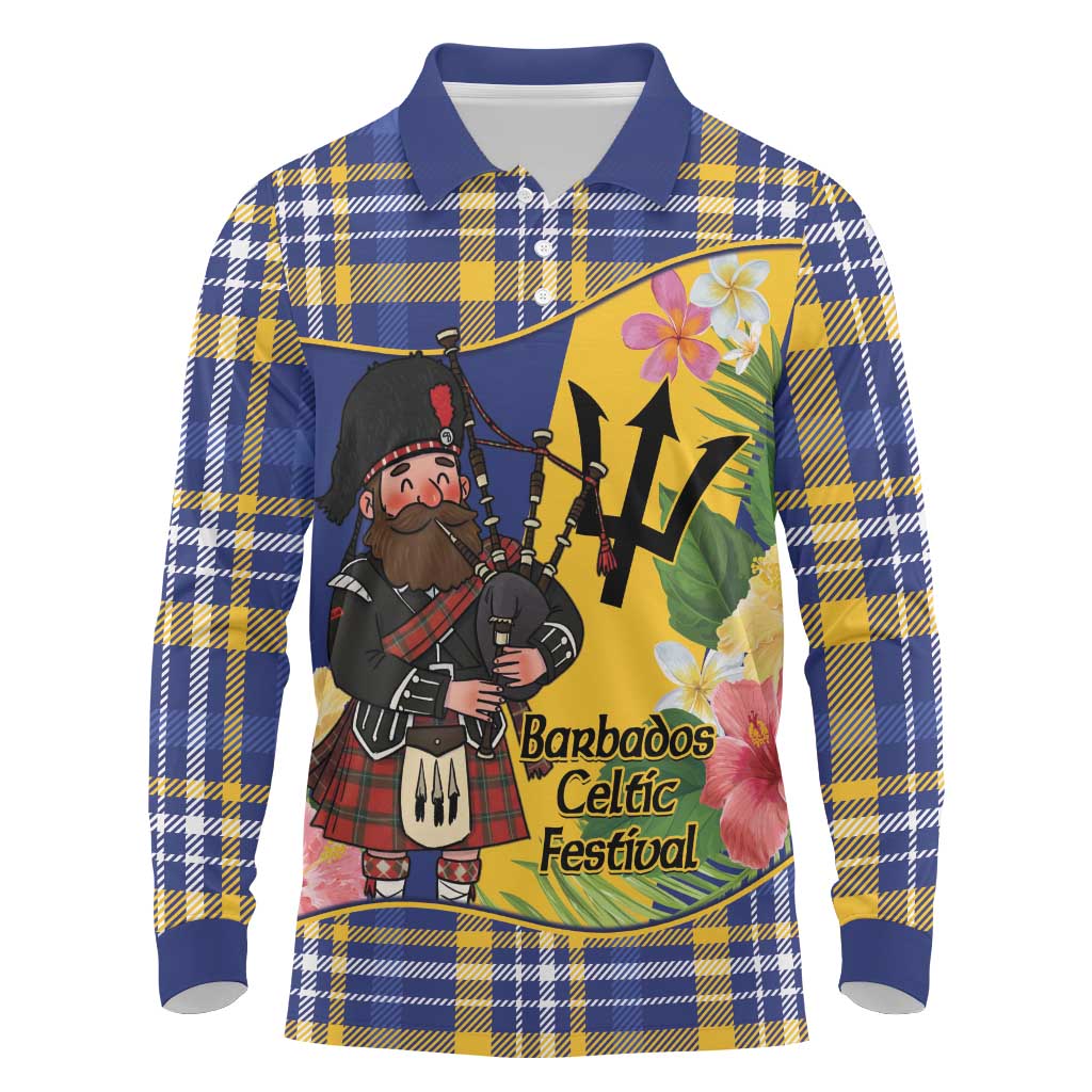 Barbados Celtic 2025 Festival Long Sleeve Polo Shirt Scottish Man With Bagpipes