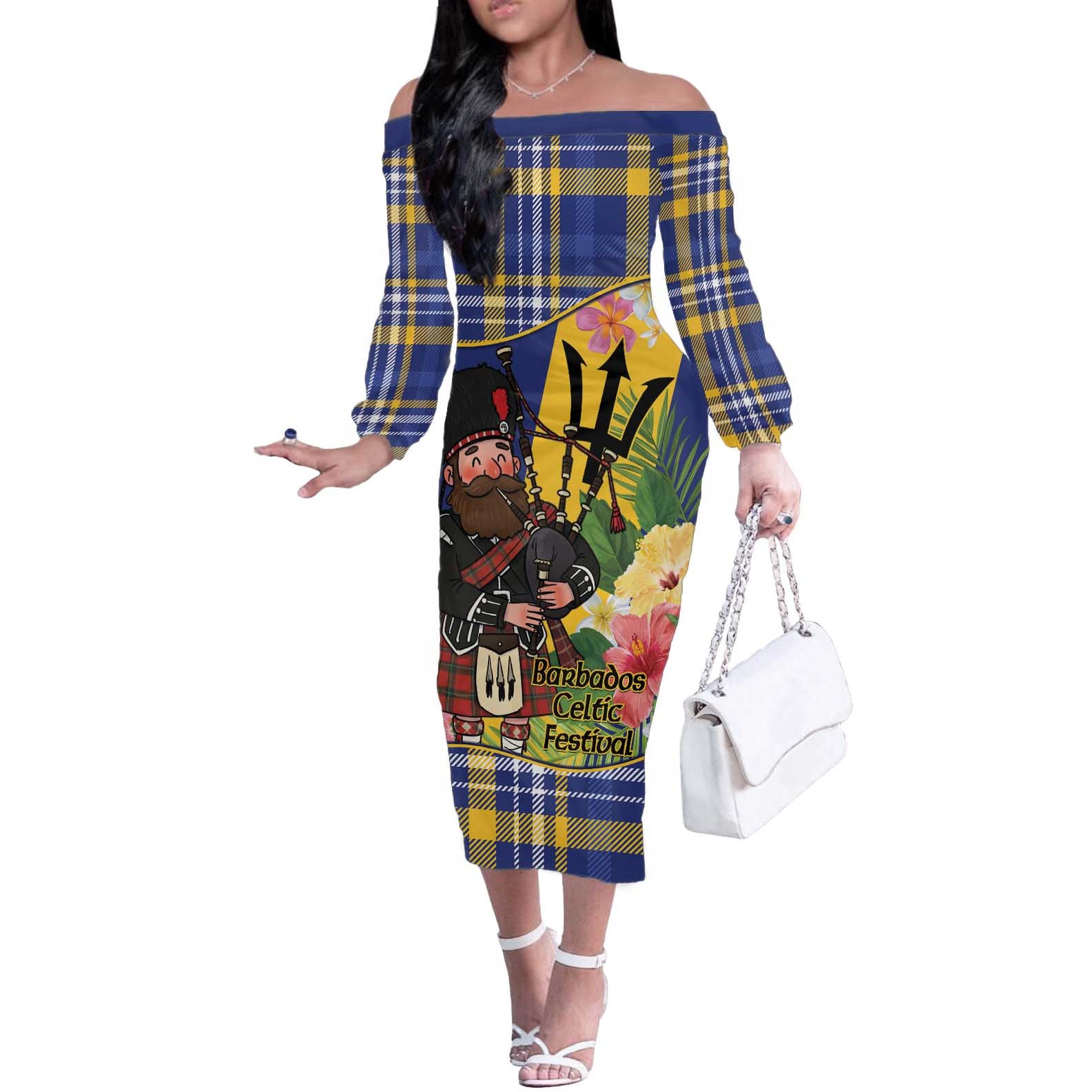 Barbados Celtic 2025 Festival Off The Shoulder Long Sleeve Dress Scottish Man With Bagpipes