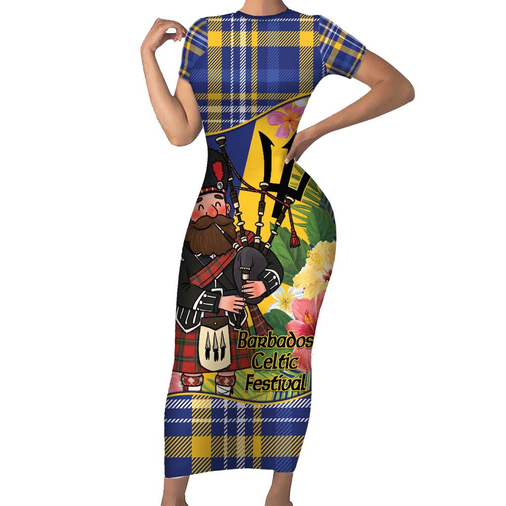 Barbados Celtic 2025 Festival Short Sleeve Bodycon Dress Scottish Man With Bagpipes