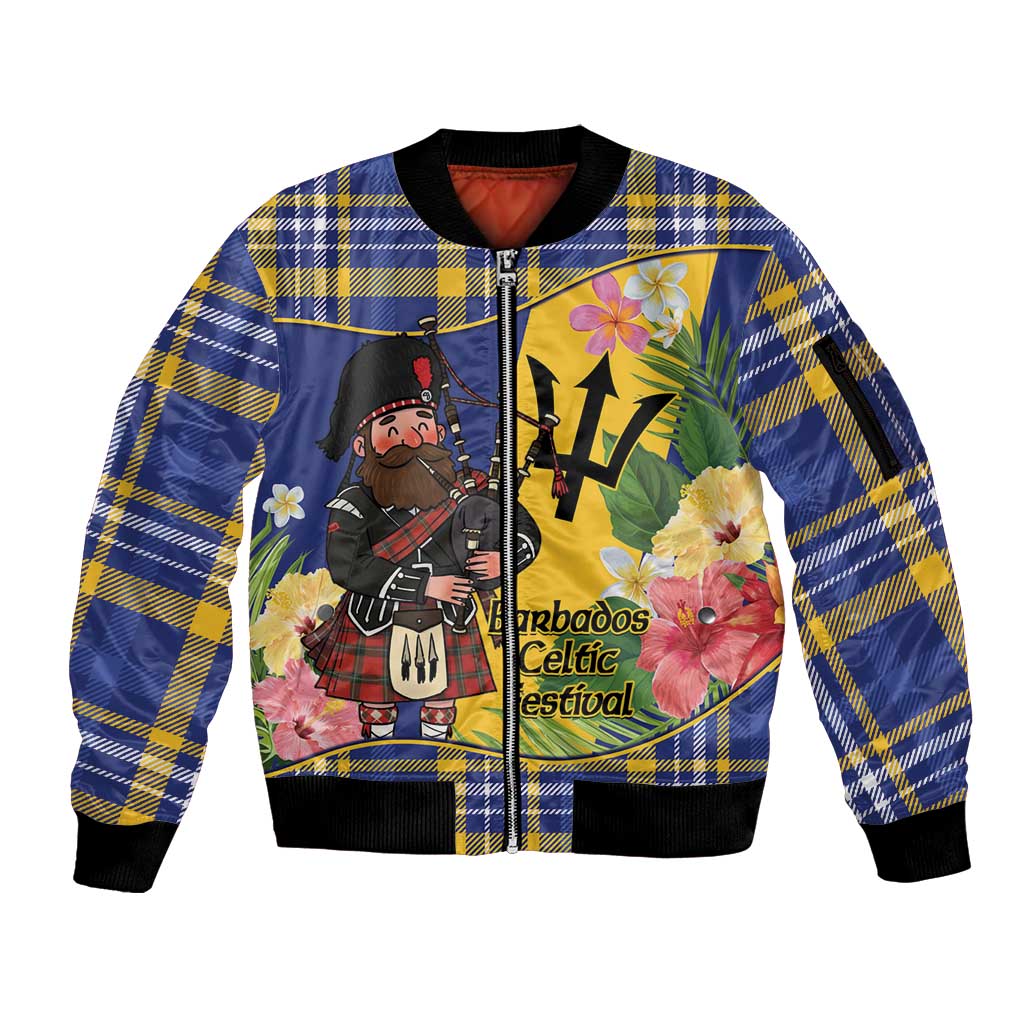 Barbados Celtic 2025 Festival Sleeve Zip Bomber Jacket Scottish Man With Bagpipes
