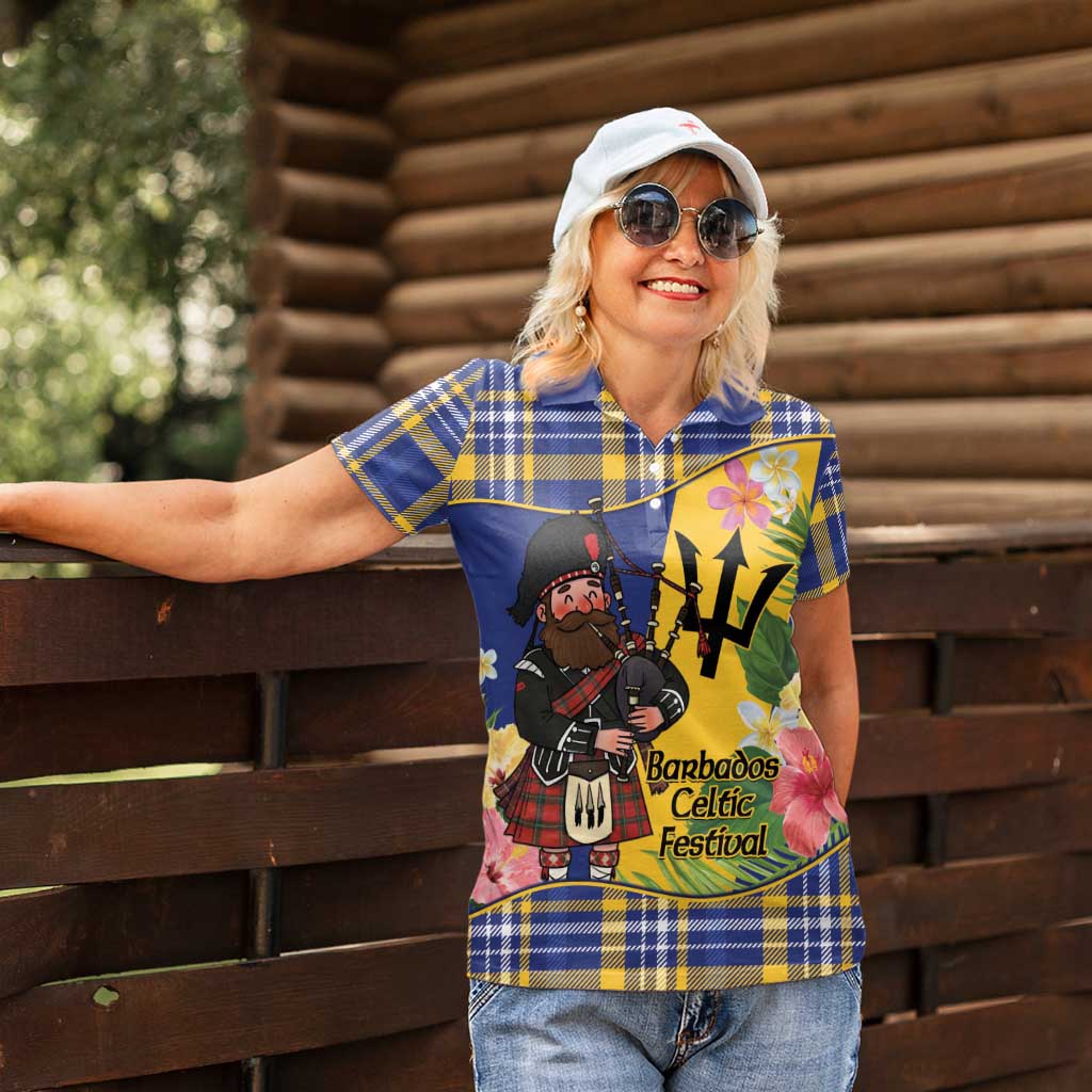 Barbados Celtic 2025 Festival Women Polo Shirt Scottish Man With Bagpipes