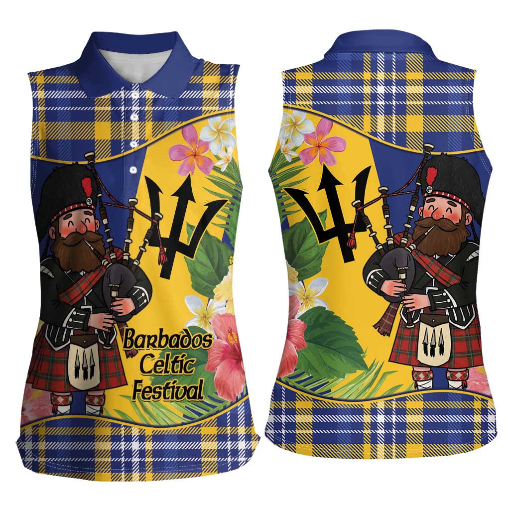 Barbados Celtic 2025 Festival Women Sleeveless Polo Shirt Scottish Man With Bagpipes