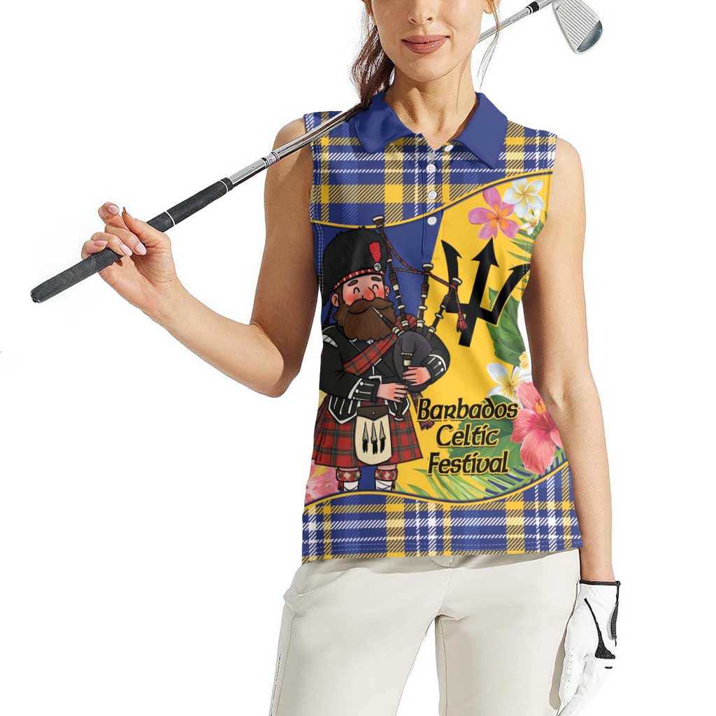 Barbados Celtic 2025 Festival Women Sleeveless Polo Shirt Scottish Man With Bagpipes