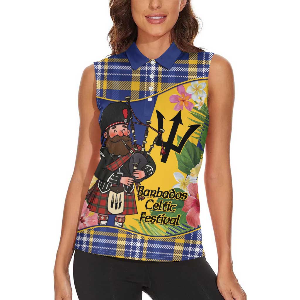 Barbados Celtic 2025 Festival Women Sleeveless Polo Shirt Scottish Man With Bagpipes
