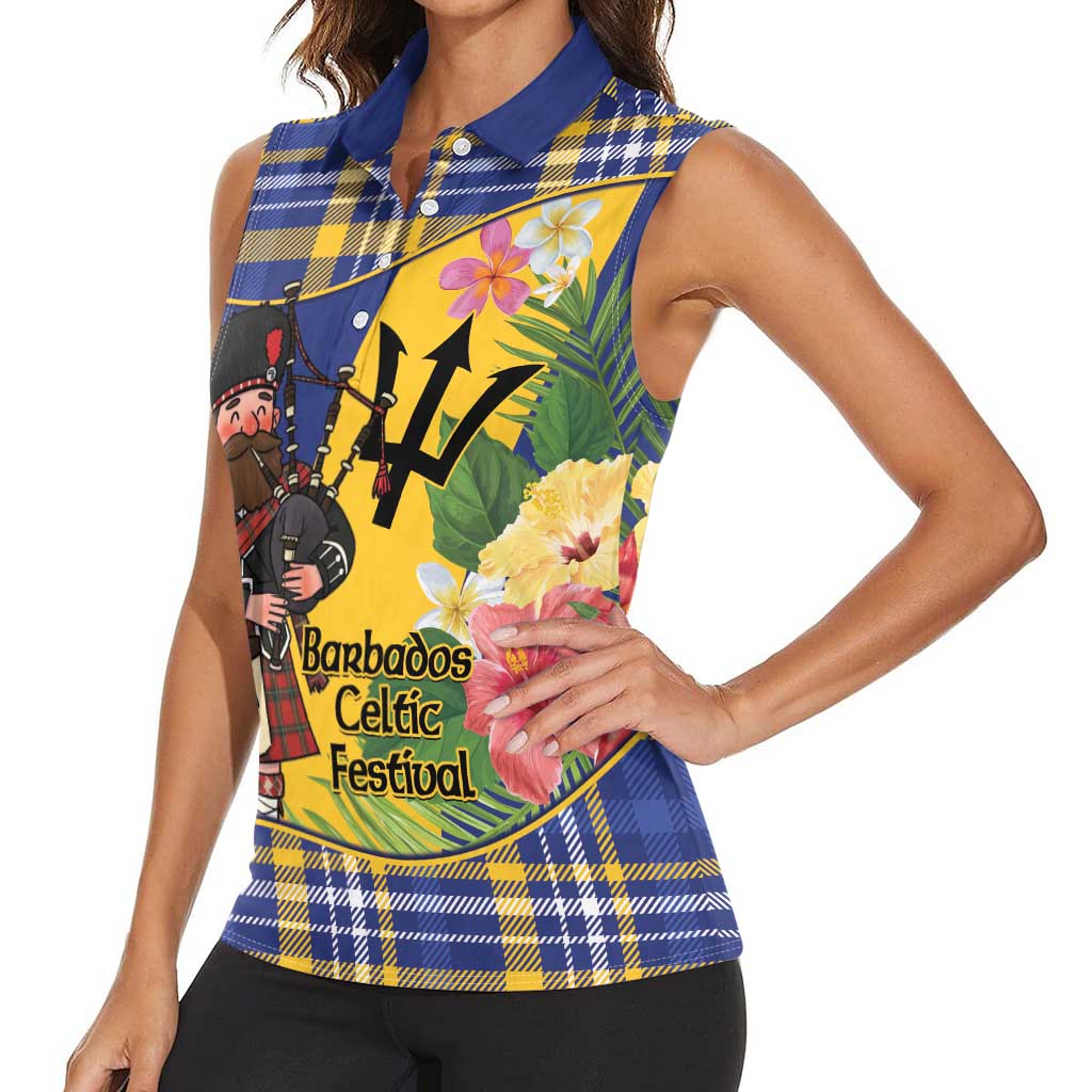 Barbados Celtic 2025 Festival Women Sleeveless Polo Shirt Scottish Man With Bagpipes
