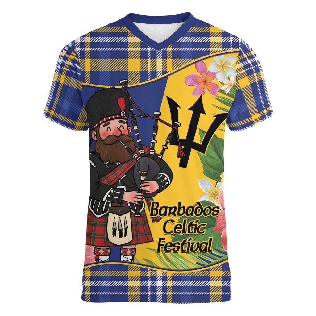 Barbados Celtic 2025 Festival Women V-Neck T-Shirt Scottish Man With Bagpipes