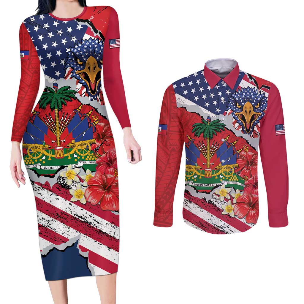 Haitian Heritage Month Couples Matching Long Sleeve Bodycon Dress and Long Sleeve Button Shirt Haitian Americans Proud Grunge Style