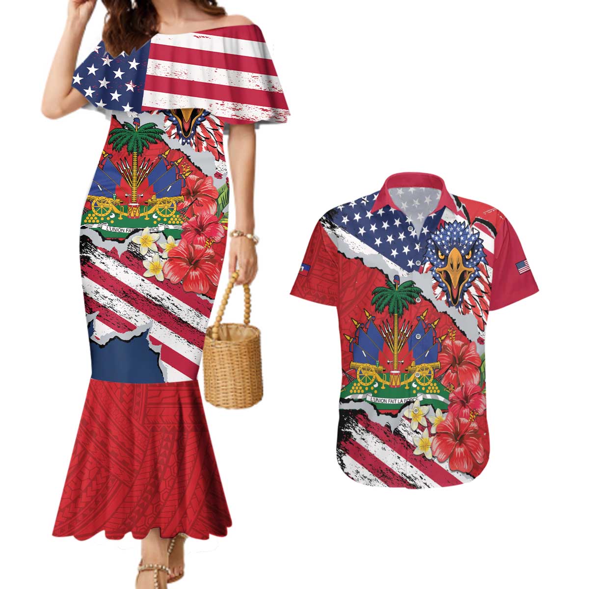 Haitian Heritage Month Couples Matching Mermaid Dress and Hawaiian Shirt Haitian Americans Proud Grunge Style