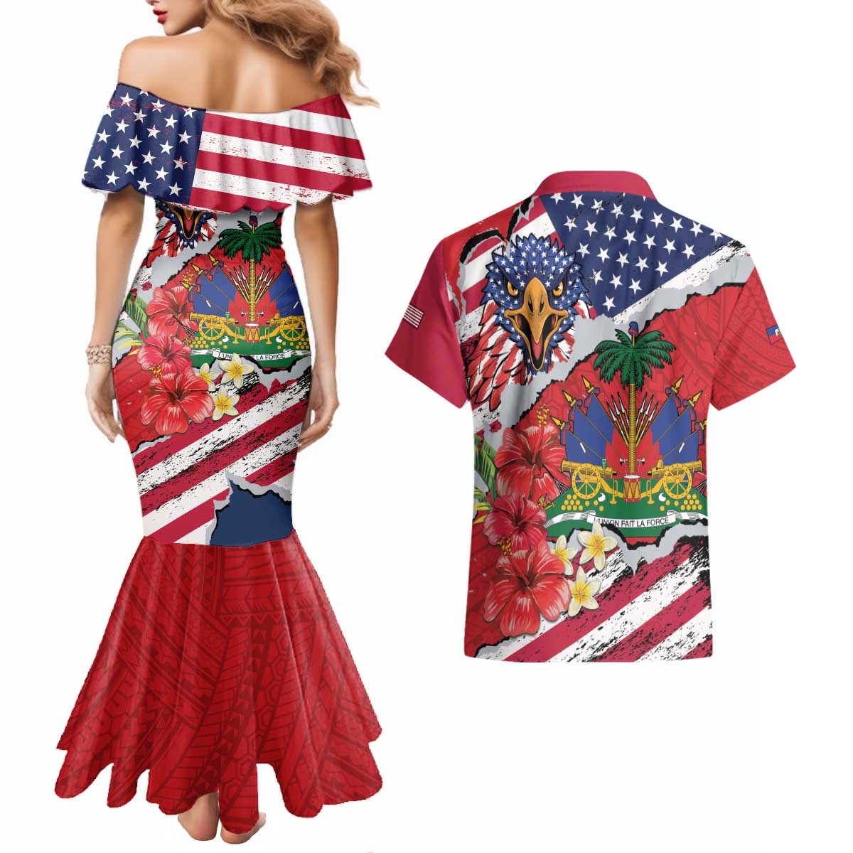 Haitian Heritage Month Couples Matching Mermaid Dress and Hawaiian Shirt Haitian Americans Proud Grunge Style