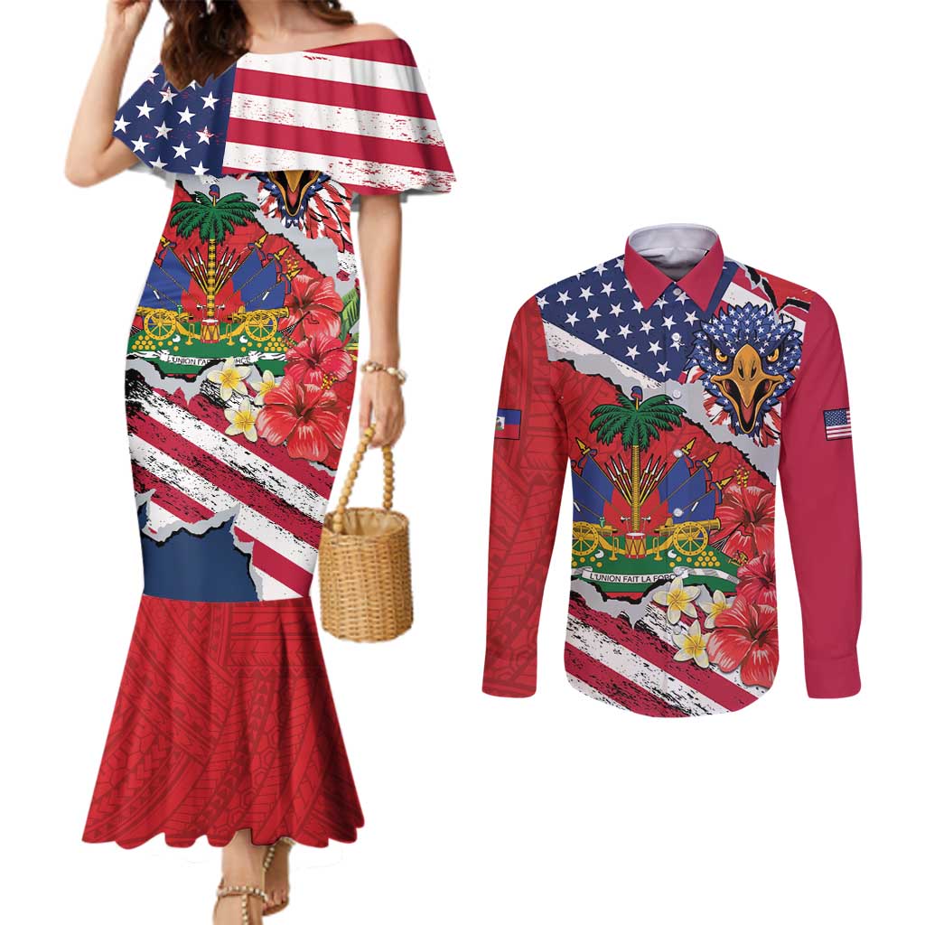Haitian Heritage Month Couples Matching Mermaid Dress and Long Sleeve Button Shirt Haitian Americans Proud Grunge Style
