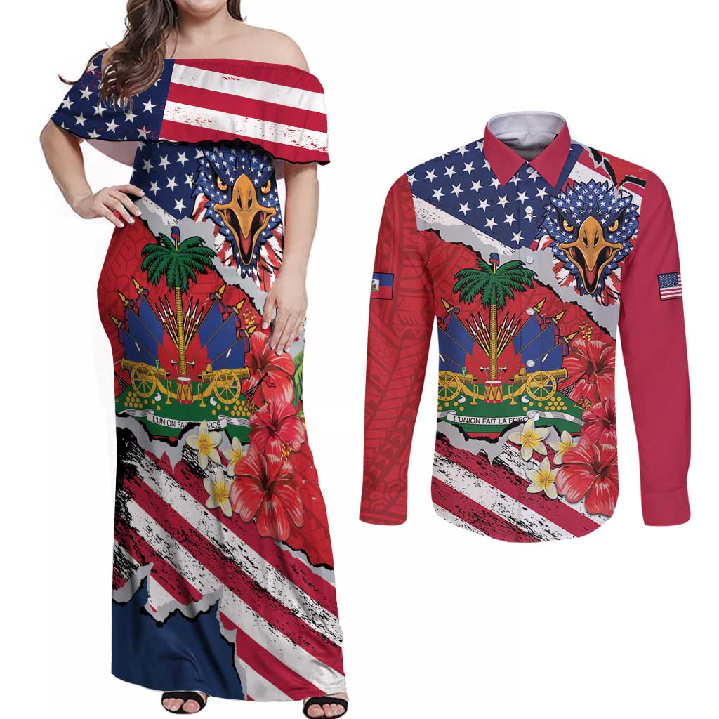 Haitian Heritage Month Couples Matching Off Shoulder Maxi Dress and Long Sleeve Button Shirt Haitian Americans Proud Grunge Style