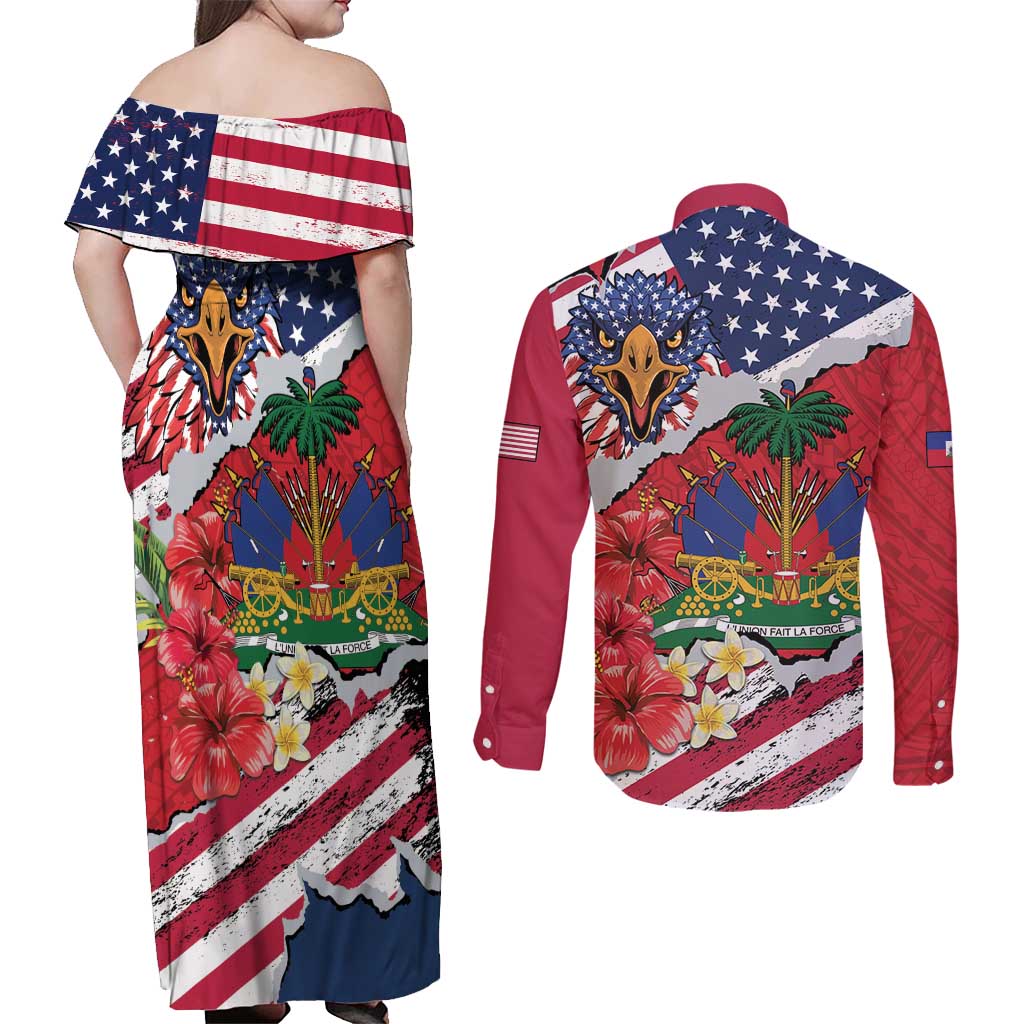 Haitian Heritage Month Couples Matching Off Shoulder Maxi Dress and Long Sleeve Button Shirt Haitian Americans Proud Grunge Style