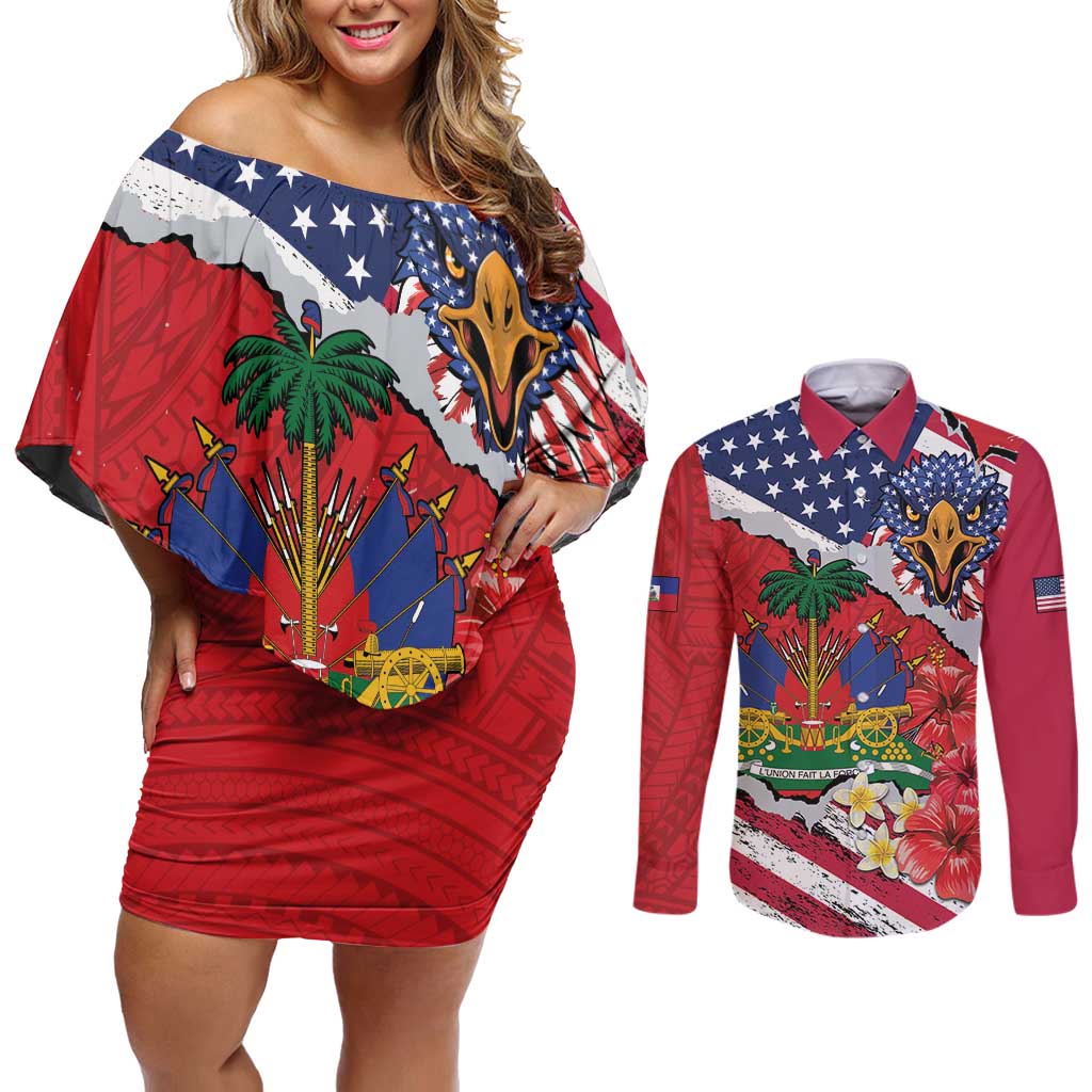 Haitian Heritage Month Couples Matching Off Shoulder Short Dress and Long Sleeve Button Shirt Haitian Americans Proud Grunge Style