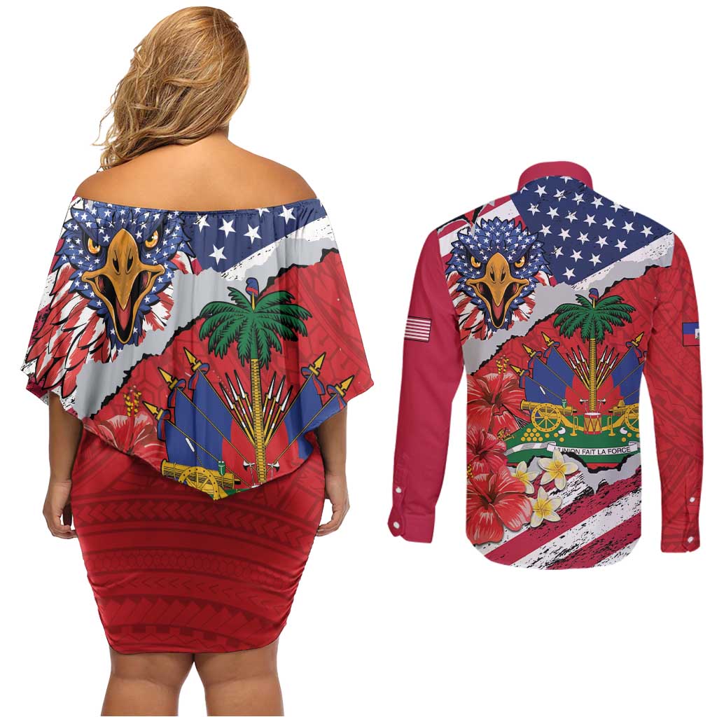Haitian Heritage Month Couples Matching Off Shoulder Short Dress and Long Sleeve Button Shirt Haitian Americans Proud Grunge Style
