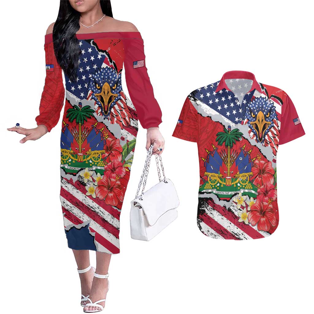 Haitian Heritage Month Couples Matching Off The Shoulder Long Sleeve Dress and Hawaiian Shirt Haitian Americans Proud Grunge Style