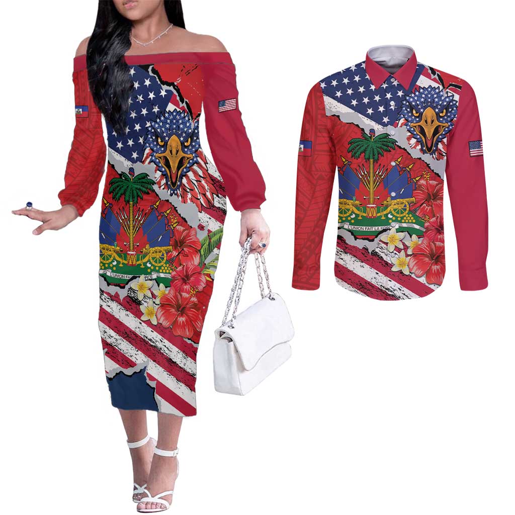Haitian Heritage Month Couples Matching Off The Shoulder Long Sleeve Dress and Long Sleeve Button Shirt Haitian Americans Proud Grunge Style