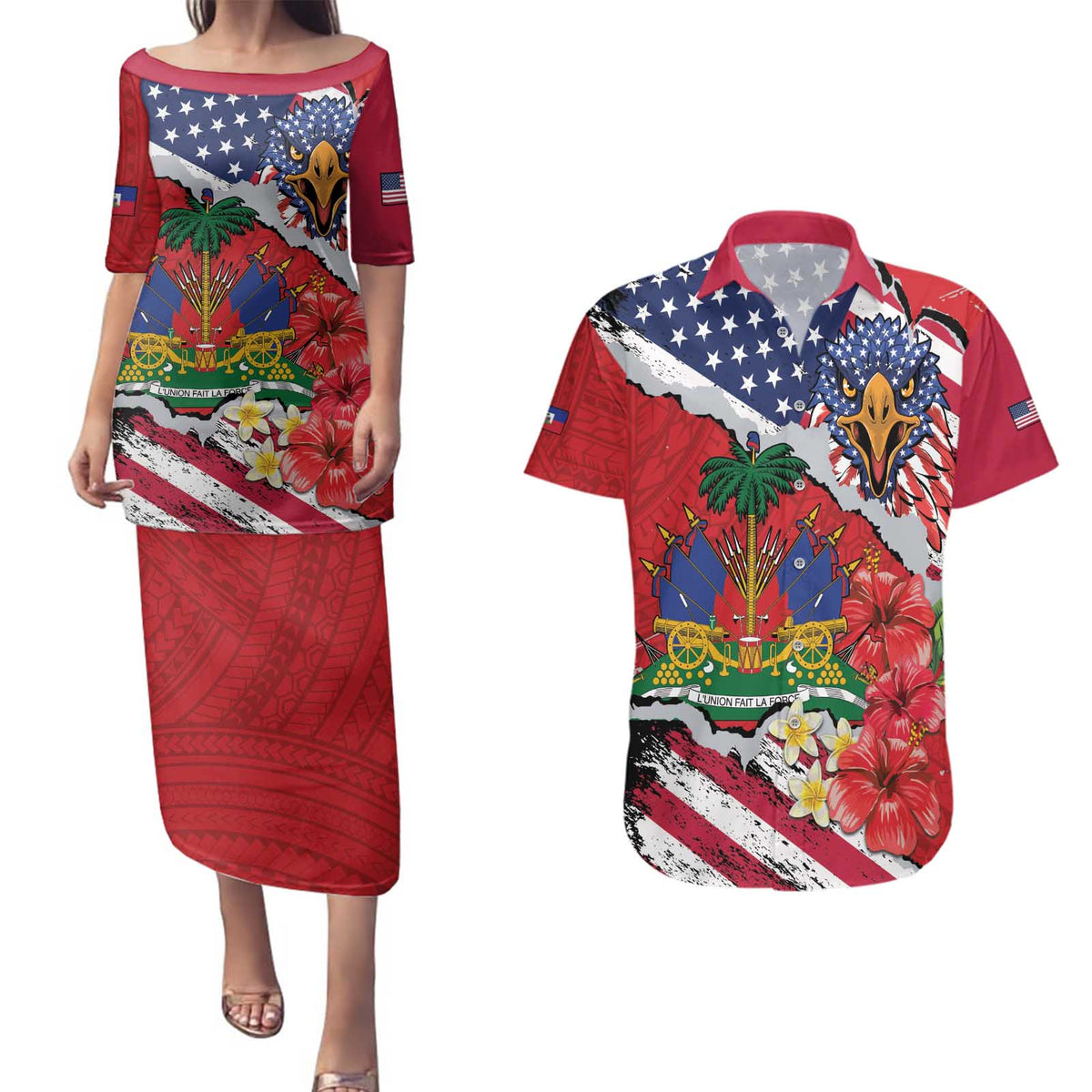Haitian Heritage Month Couples Matching Puletasi and Hawaiian Shirt Haitian Americans Proud Grunge Style