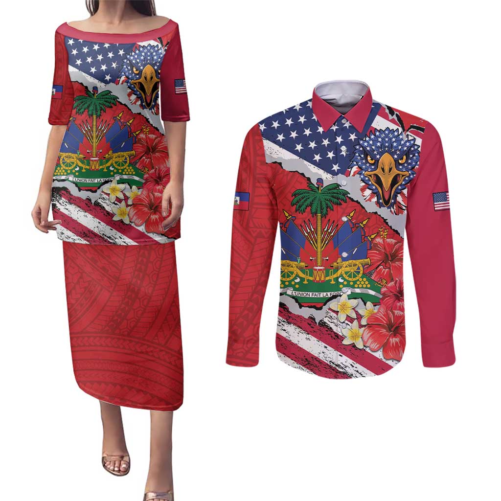Haitian Heritage Month Couples Matching Puletasi and Long Sleeve Button Shirt Haitian Americans Proud Grunge Style
