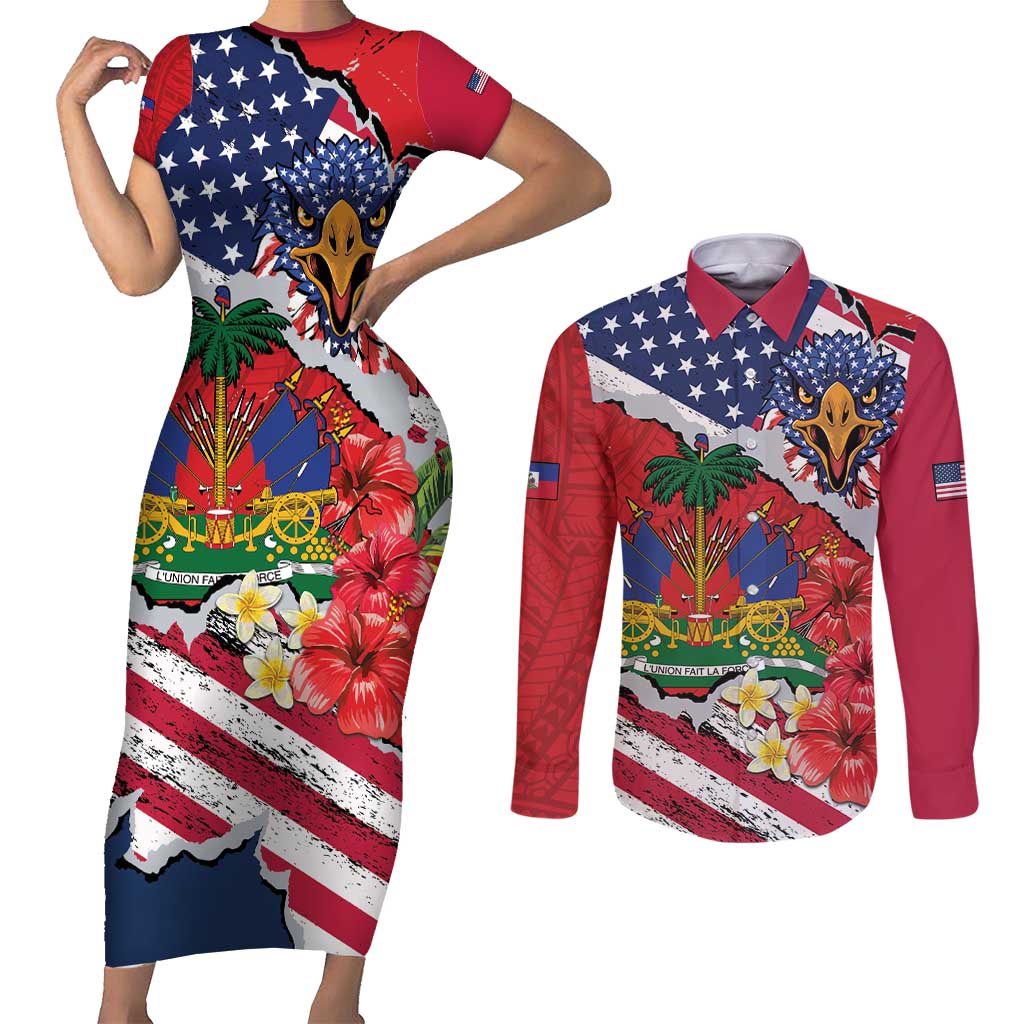 Haitian Heritage Month Couples Matching Short Sleeve Bodycon Dress and Long Sleeve Button Shirt Haitian Americans Proud Grunge Style