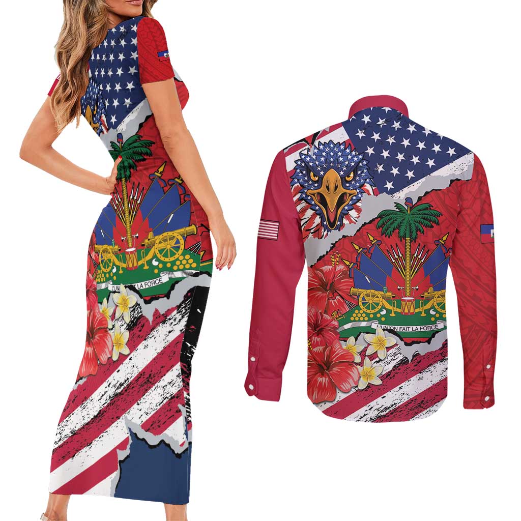Haitian Heritage Month Couples Matching Short Sleeve Bodycon Dress and Long Sleeve Button Shirt Haitian Americans Proud Grunge Style