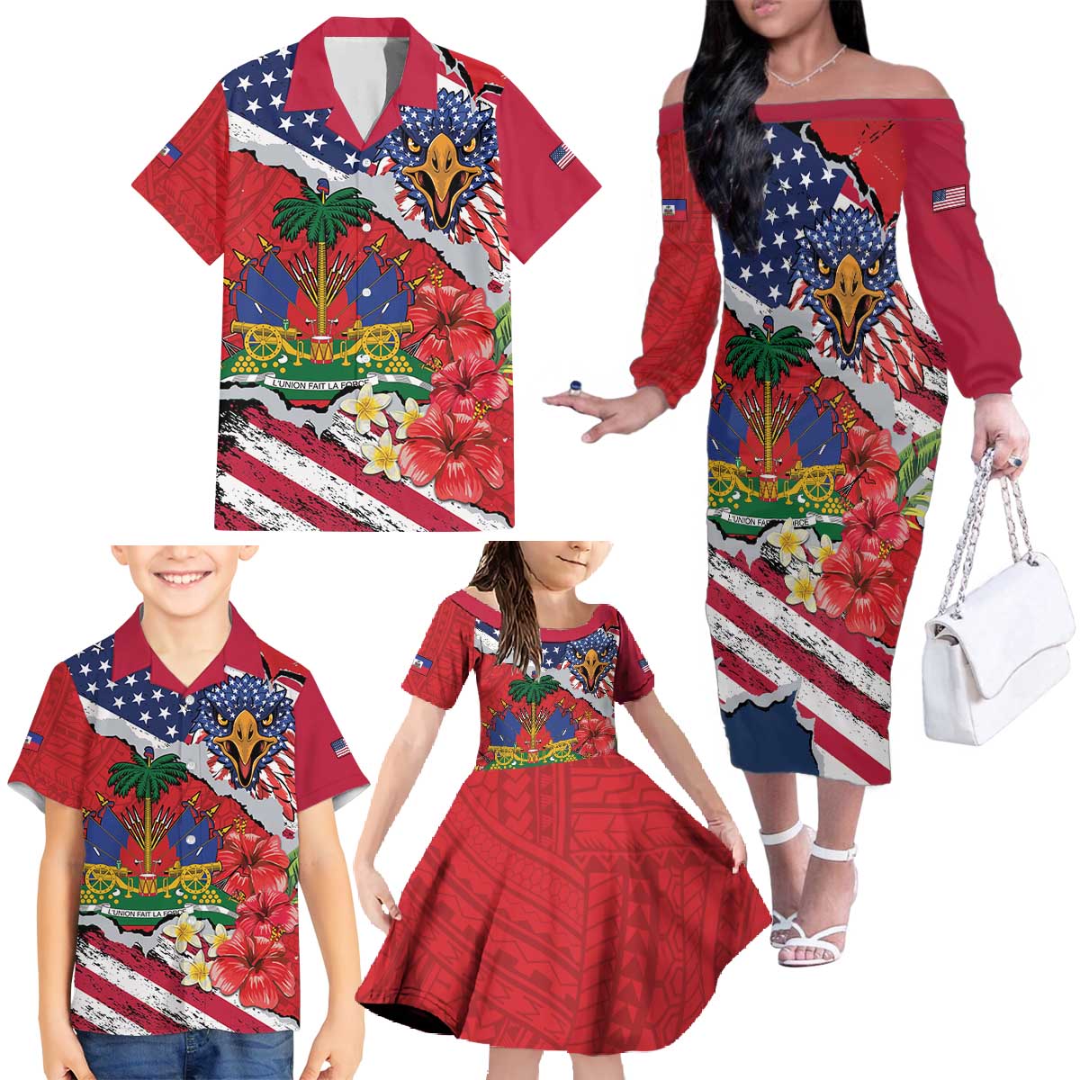 Haitian Heritage Month Family Matching Off The Shoulder Long Sleeve Dress and Hawaiian Shirt Haitian Americans Proud Grunge Style