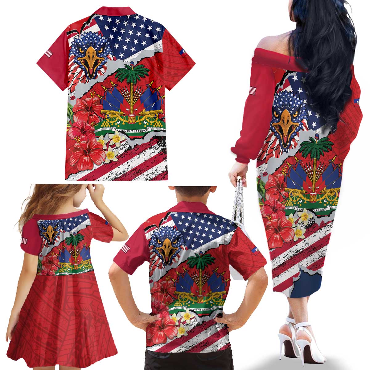 Haitian Heritage Month Family Matching Off The Shoulder Long Sleeve Dress and Hawaiian Shirt Haitian Americans Proud Grunge Style