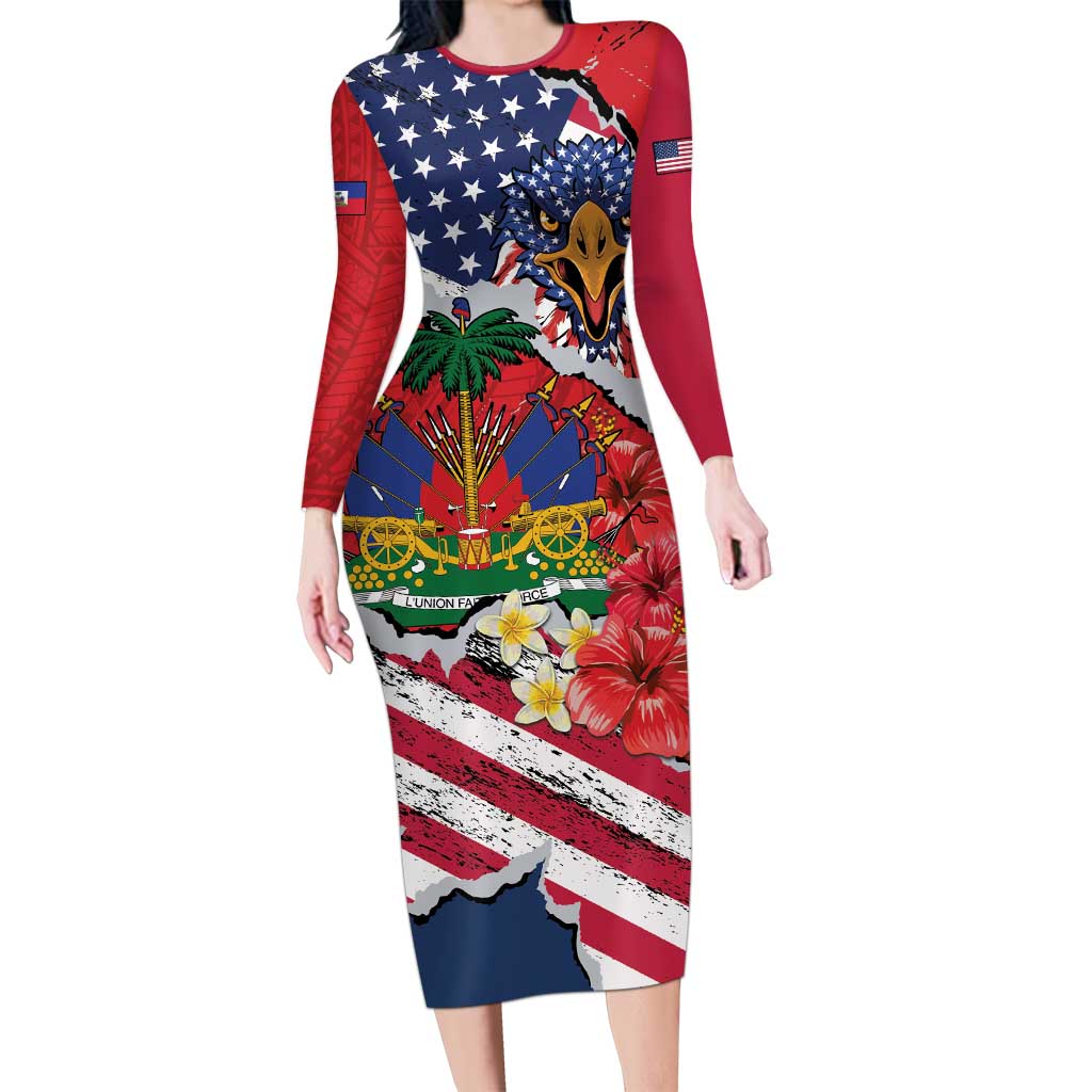 Haitian Heritage Month Long Sleeve Bodycon Dress Haitian Americans Proud Grunge Style