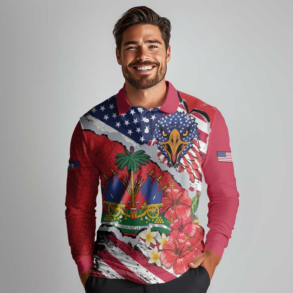 Haitian Heritage Month Long Sleeve Polo Shirt Haitian Americans Proud Grunge Style