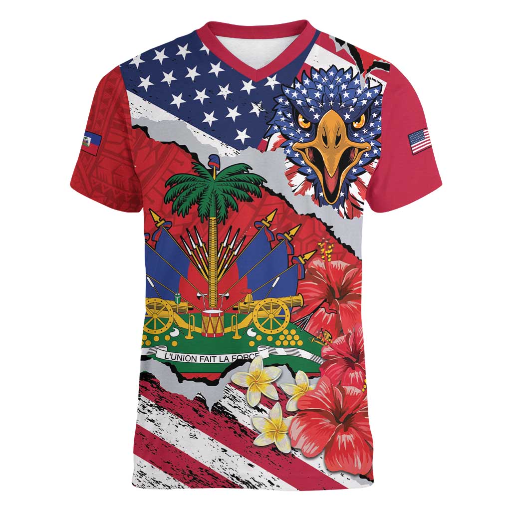 Haitian Heritage Month Women V-Neck T-Shirt Haitian Americans Proud Grunge Style