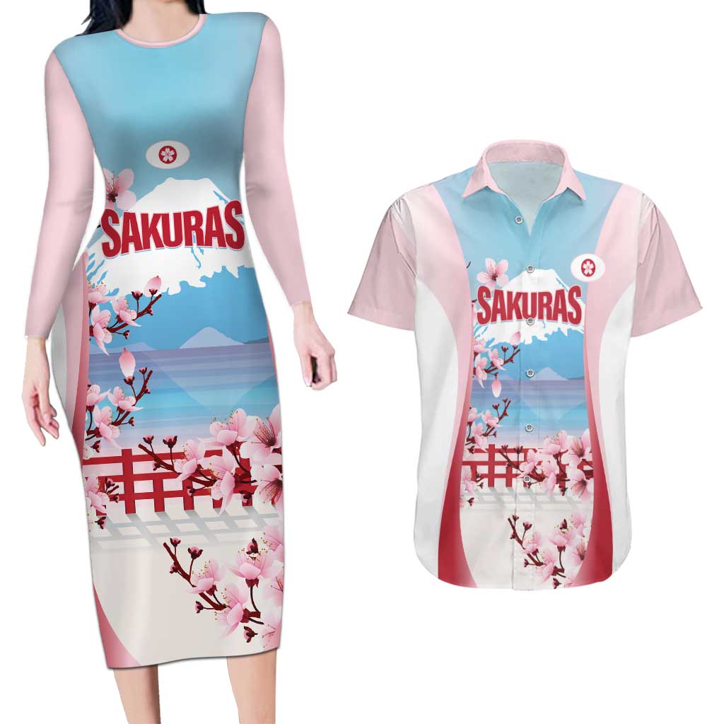 Japan Rugby Custom Couples Matching Long Sleeve Bodycon Dress and Hawaiian Shirt Go Sakuras Japanese Mount Fuji