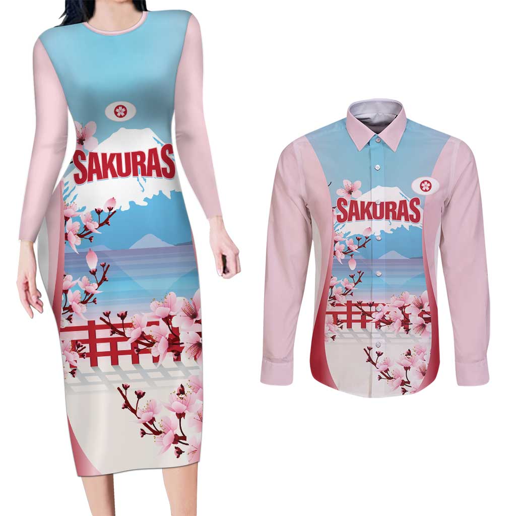 Japan Rugby Custom Couples Matching Long Sleeve Bodycon Dress and Long Sleeve Button Shirt Go Sakuras Japanese Mount Fuji