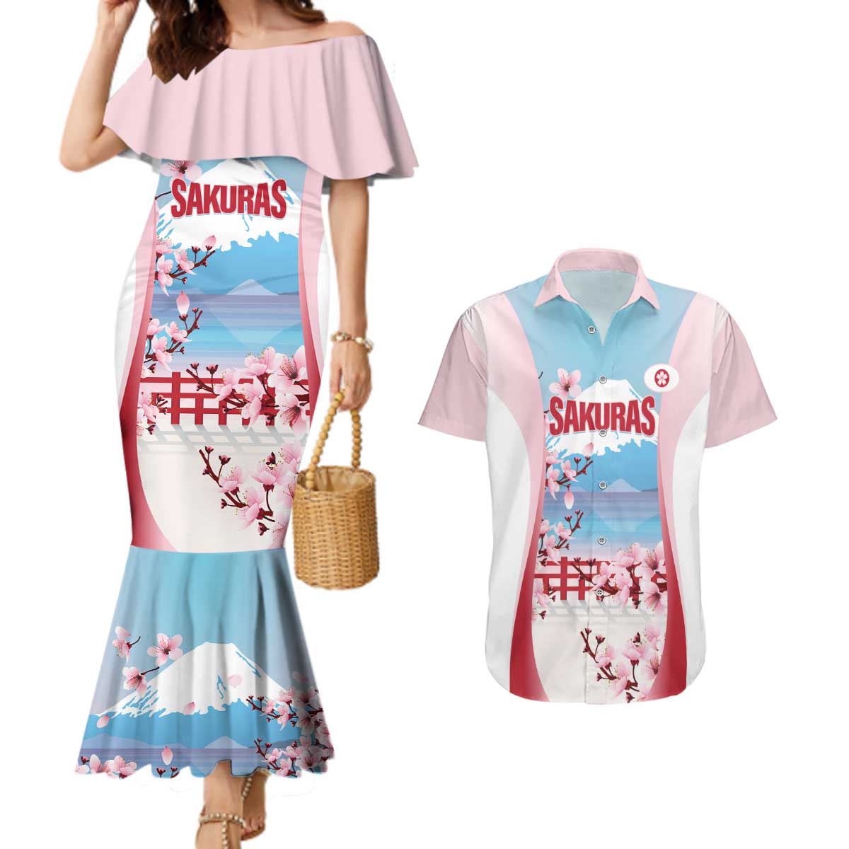 Japan Rugby Custom Couples Matching Mermaid Dress and Hawaiian Shirt Go Sakuras Japanese Mount Fuji