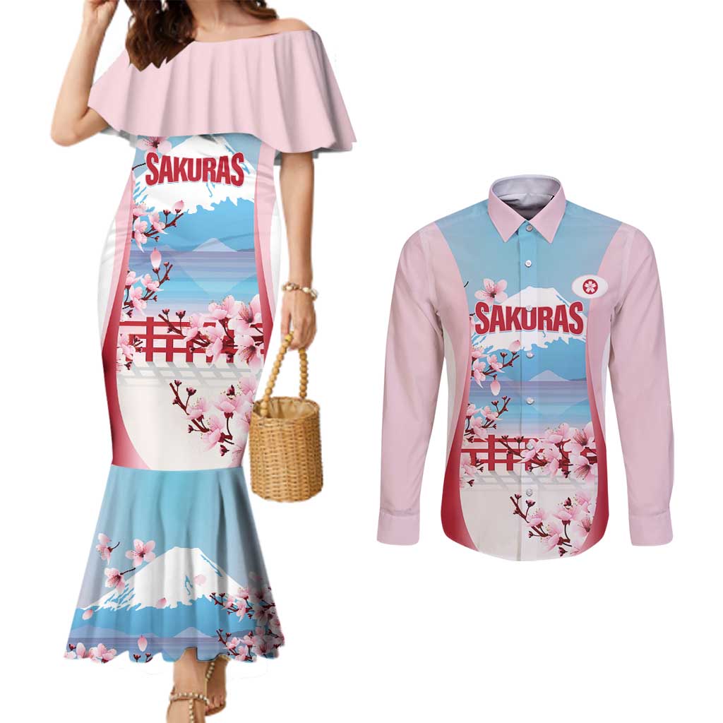 Japan Rugby Custom Couples Matching Mermaid Dress and Long Sleeve Button Shirt Go Sakuras Japanese Mount Fuji