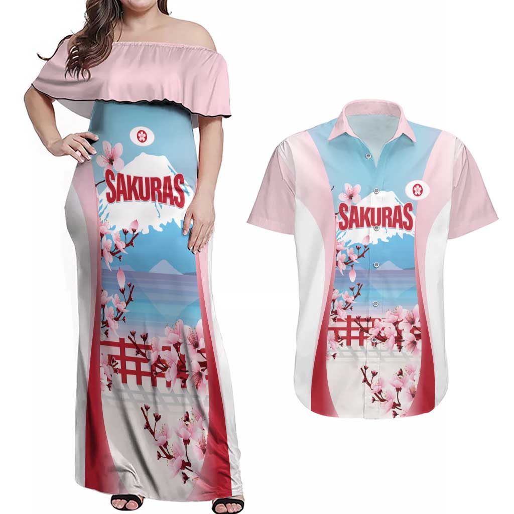 Japan Rugby Custom Couples Matching Off Shoulder Maxi Dress and Hawaiian Shirt Go Sakuras Japanese Mount Fuji