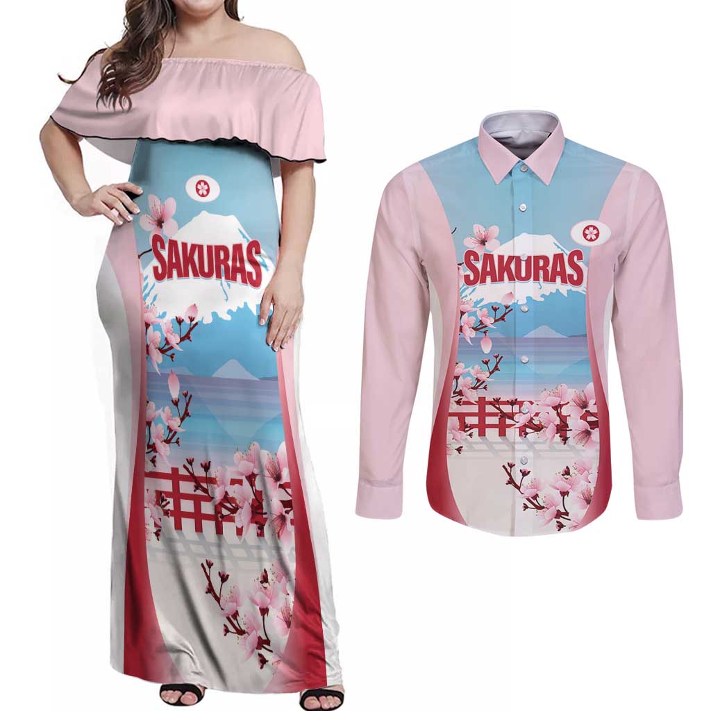 Japan Rugby Custom Couples Matching Off Shoulder Maxi Dress and Long Sleeve Button Shirt Go Sakuras Japanese Mount Fuji