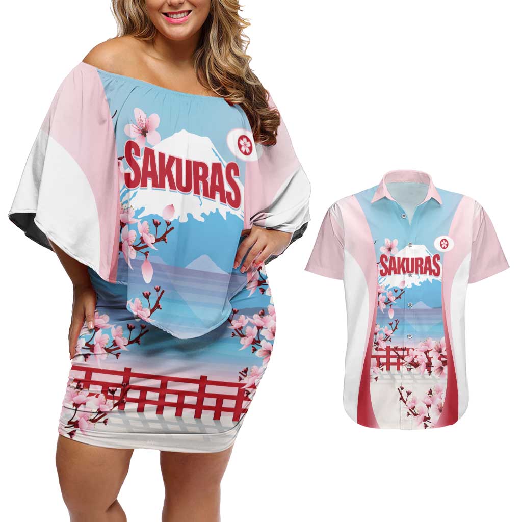 Japan Rugby Custom Couples Matching Off Shoulder Short Dress and Hawaiian Shirt Go Sakuras Japanese Mount Fuji