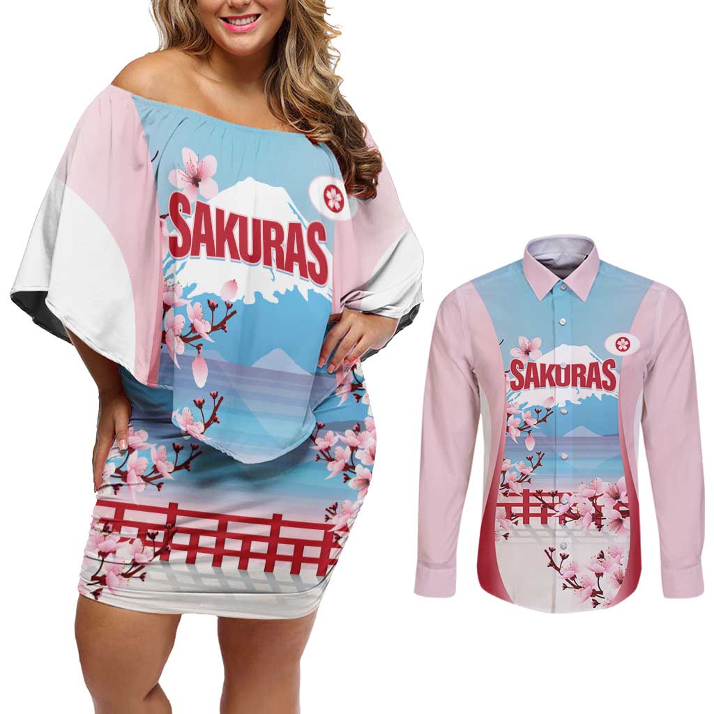 Japan Rugby Custom Couples Matching Off Shoulder Short Dress and Long Sleeve Button Shirt Go Sakuras Japanese Mount Fuji