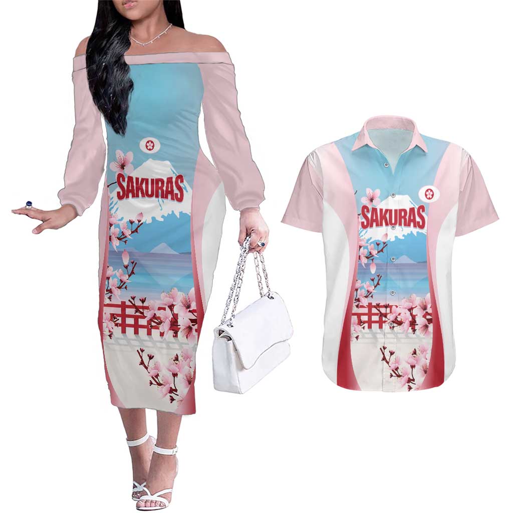 Japan Rugby Custom Couples Matching Off The Shoulder Long Sleeve Dress and Hawaiian Shirt Go Sakuras Japanese Mount Fuji