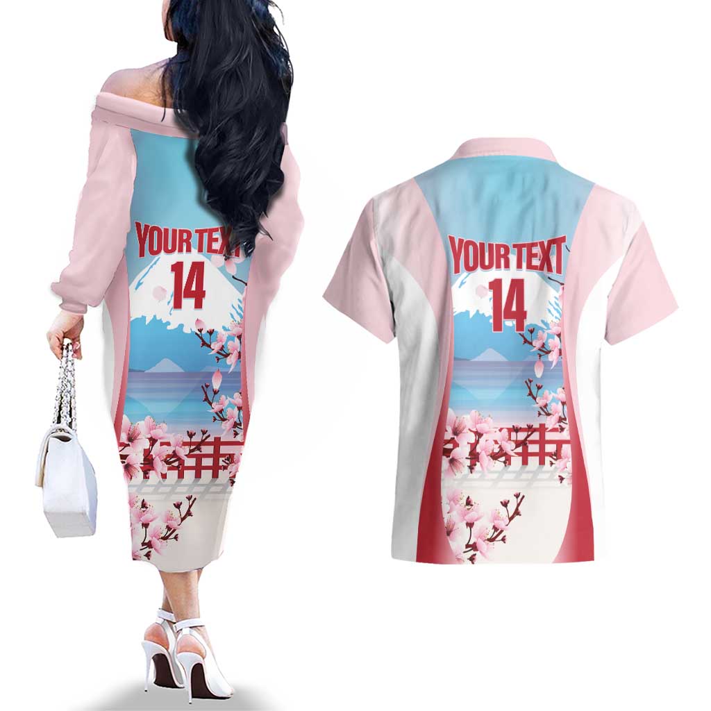 Japan Rugby Custom Couples Matching Off The Shoulder Long Sleeve Dress and Hawaiian Shirt Go Sakuras Japanese Mount Fuji